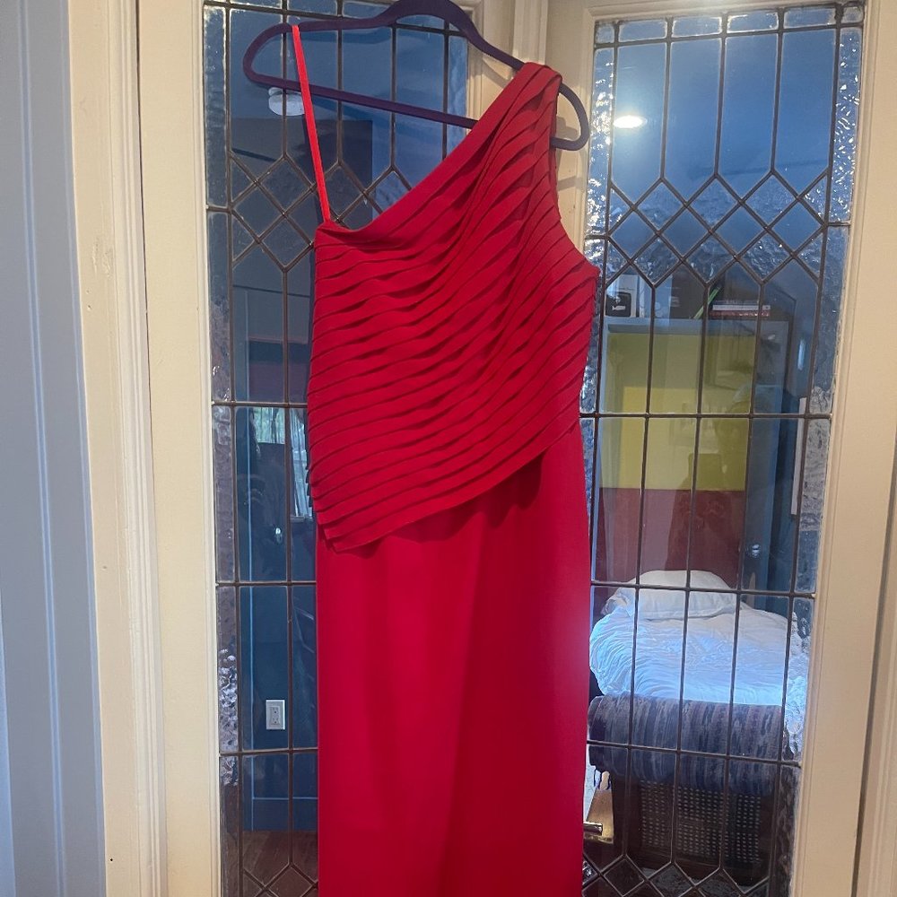 Andrea Polizzi Single Shoulder red evening gown.